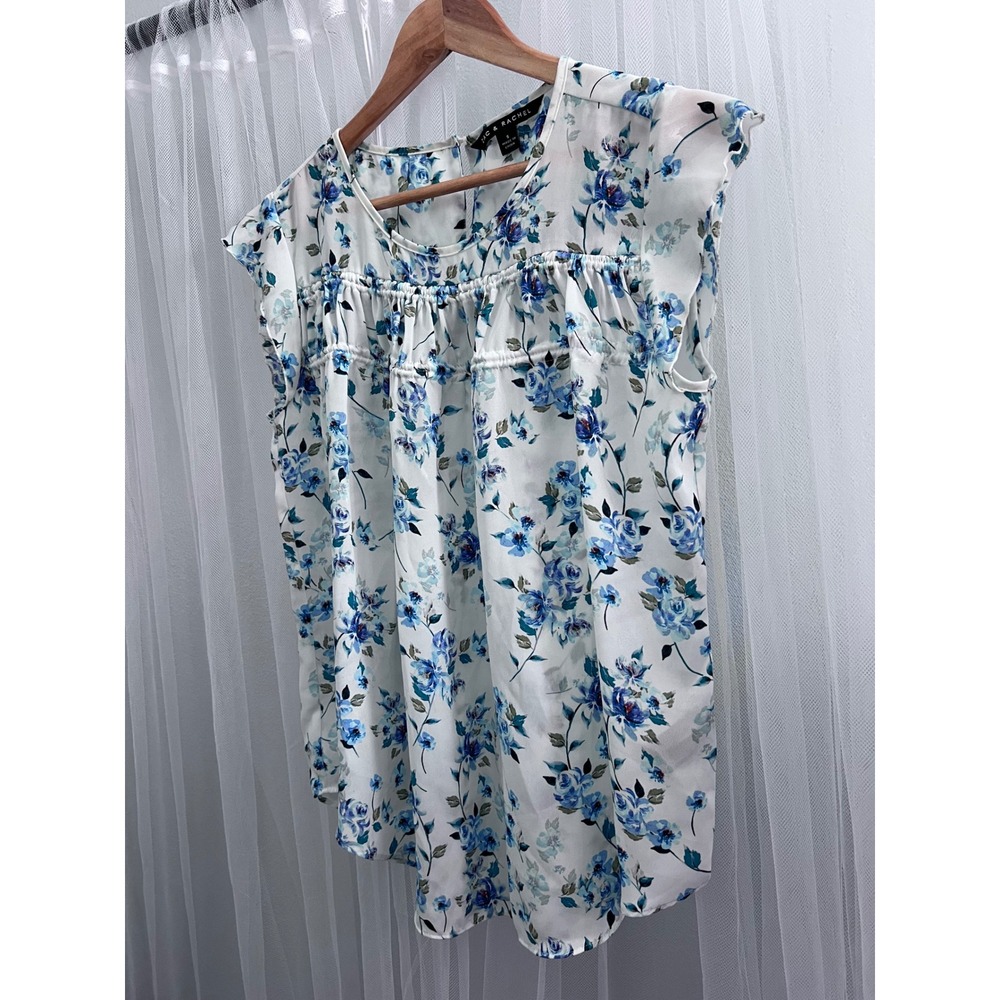 Zac & Rachel Womens Blue Floral Sleeveless Blouse White Size Small Keyhole Back